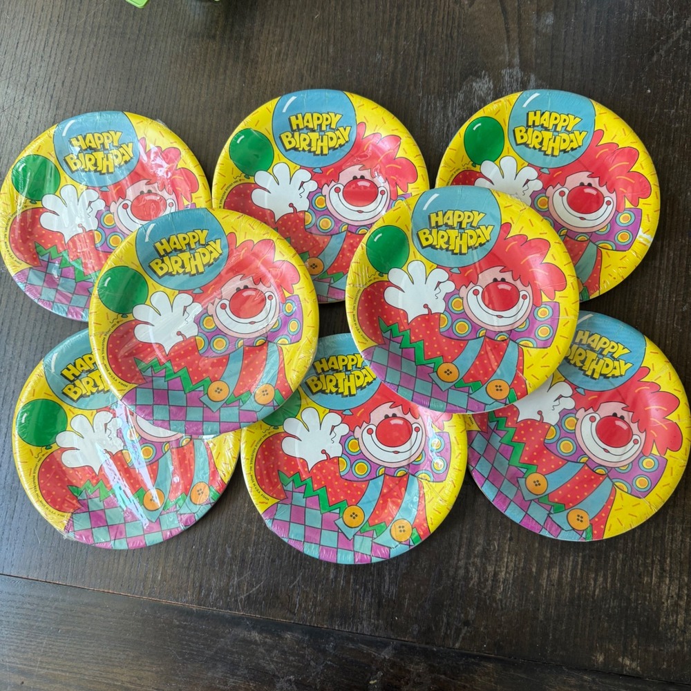 Vintage 1994 Unique Industries Birthday Clown Paper Plates 7in 56ct 8 Packs NEW
